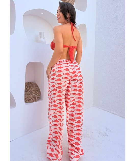 SAÍDA DE PRAIA CALÇA ESTAMPA MARÉ DE PEIXES CORAL COLEÇÃO SARDENHA