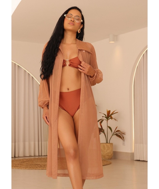 SAÍDA DE PRAIA MAX CAMISA NO TULE MARROM COLEÇÃO COR DO PECADO