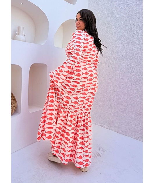 SAÍDA DE PRAIA LONGA COM AMARRAÇÃO ESTAMPA MARÉ DE PEIXES CORAL COLEÇÃO SARDENHA