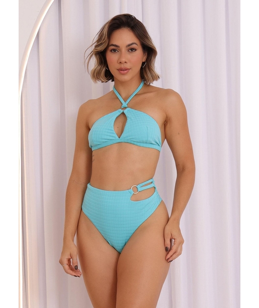 BIQUÍNI TOP FRENTE ÚNICA CALCINHA ALTA AZUL COLEÇÃO MARÉ FASHION
