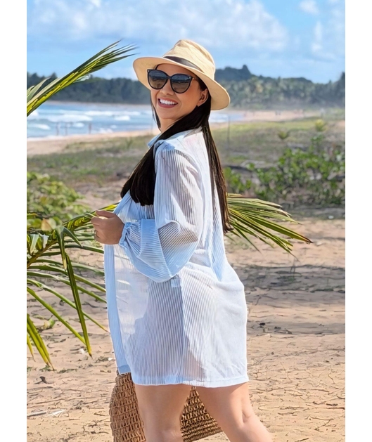 SAÍDA DE PRAIA CAMISA TULE EM LISTRA AZUL COLEÇÃO DULCE CARIBE