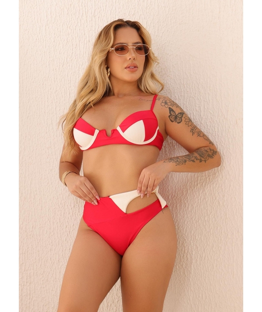 BIQUÍNI MEIA TAÇA BICOLOR CALCINHA RECORTE LATETAL VERMELHO COLEÇÃO NÁUTICA