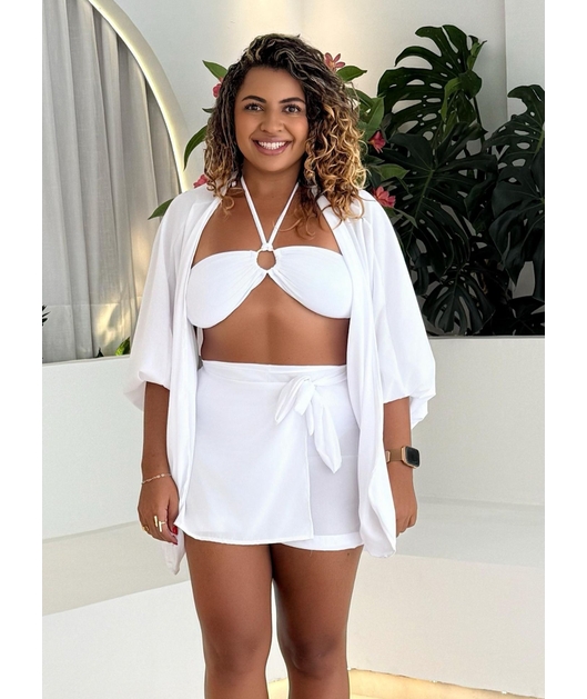 SAÍDA DE PRAIA KIMONO COM SHORT SAIA SEDINHA BRANCO COLEÇÃO CALIENTE