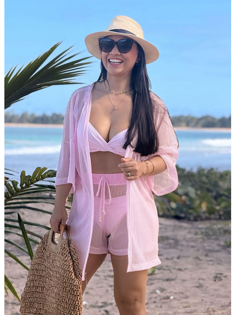 SAÍDA DE PRAIA KIMONO COM SHORT NO TULE EM LISTRA ROSA COLEÇÃO DULCE CARIBE
