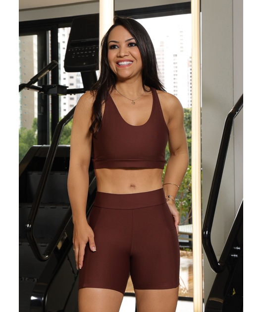 CONJUNTO FITNESS TOP BASIC COM SHORT MARROM COLEÇÃO FEBELA MOVE