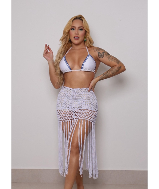SAÍDA DE PRAIA SAIA CROCHÊ COM FRANJA BRANCA COLEÇÃO BRASIL RAIZ