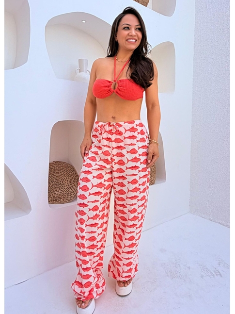 SAÍDA DE PRAIA CALÇA ESTAMPA MARÉ DE PEIXES CORAL COLEÇÃO SARDENHA