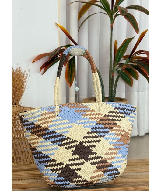 BOLSA ESTRUTURA EM PALHA COLORIDA AZUL E BEGE