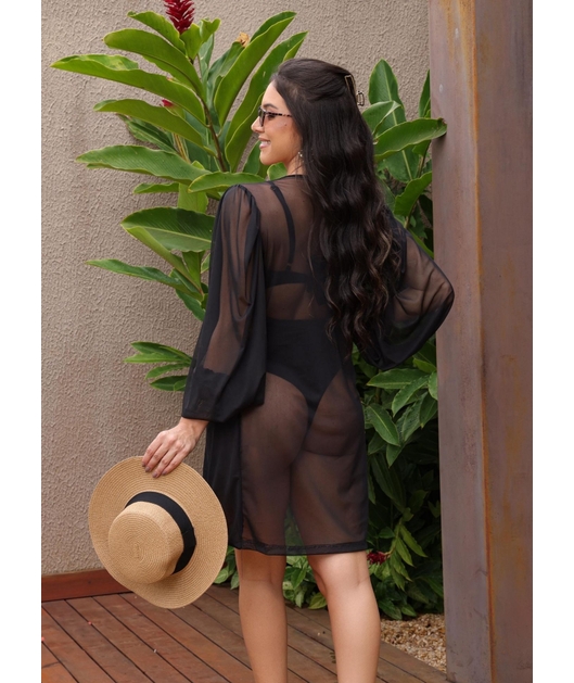 SAÍDA DE PRAIA MANGAS BUFANTES NO TULE PRETA