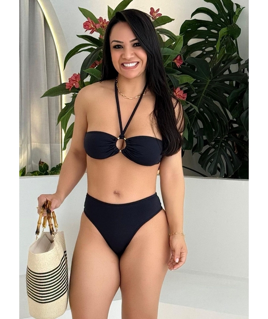 BIQUÍNI TOP ARGOLA CALCINHA TRADICIONAL PRETO COLEÇÃO CALIENTE M44
