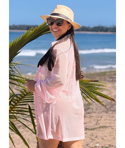 SAÍDA DE PRAIA CAMISA TULE EM LISTRA ROSA COLEÇÃO DULCE CARIBE