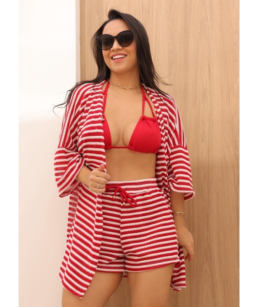 SAÍDA DE PRAIA KIMONO COM SHORT VERMELHO 1410