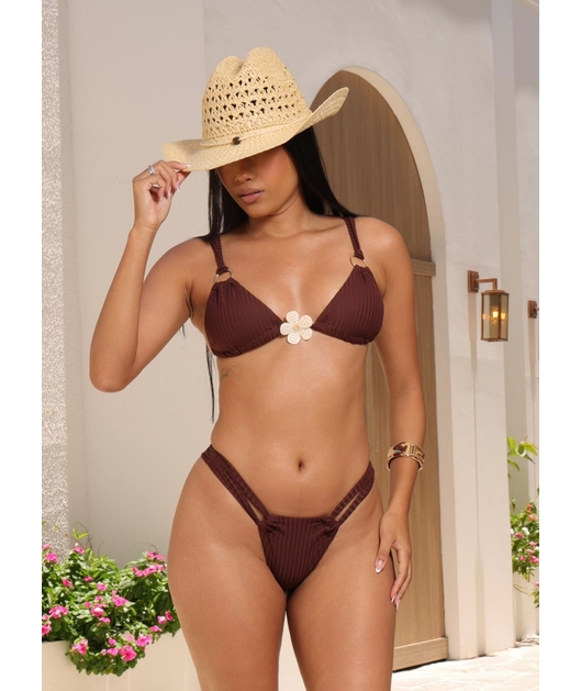 BIQUÍNI CORTININHA FLOR CALCINHA RECORTE MARROM COLEÇÃO BEACH GLAM