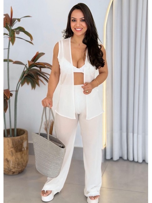 SAÍDA DE PRAIA KIMONO REGATA COM CALÇA NO TULE BRANCA VAN25