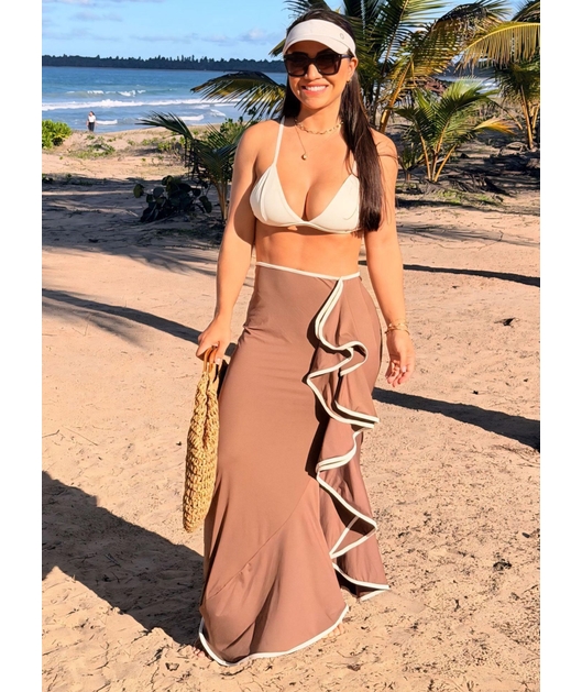 SAÍDA DE PRAIA SAIA BABADO MARROM COLEÇÃO CARIBENHA