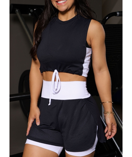CONJUNTO FITNESS CROPPED COM SHORT DUPLO PRETO COM BRANCO COLEÇÃO FEBELA MOVE