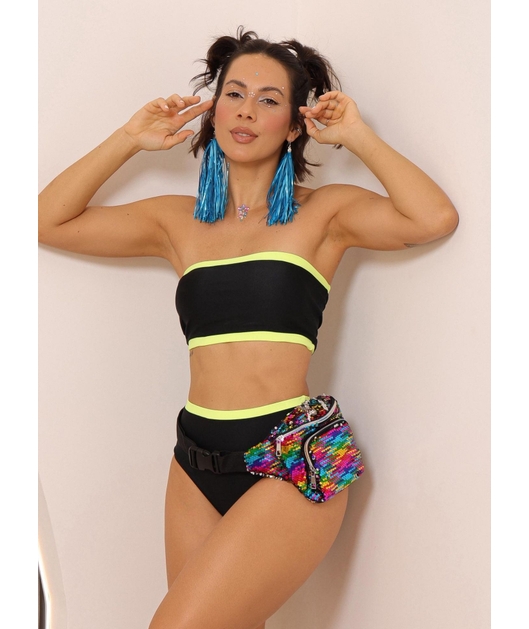 BIQUÍNI TOP FAIXA CALCINHA HOT PANTS PRETO COM VERDE NEON COLEÇÃO ESQUENTA FOLIA