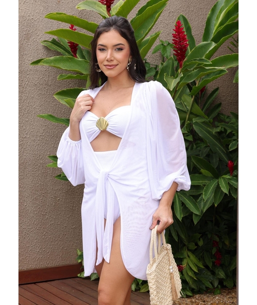 SAÍDA DE PRAIA MANGAS BUFANTES NO TULE BRANCA