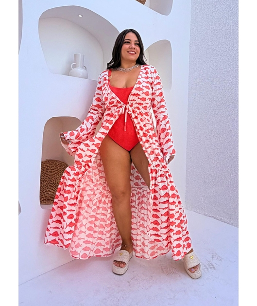 SAÍDA DE PRAIA LONGA COM AMARRAÇÃO ESTAMPA MARÉ DE PEIXES CORAL COLEÇÃO SARDENHA