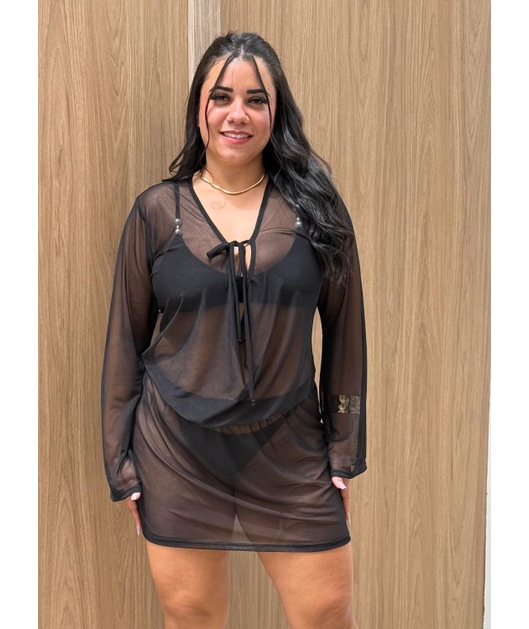 SAÍDA DE PRAIA DECOTE PRETA NO TULE