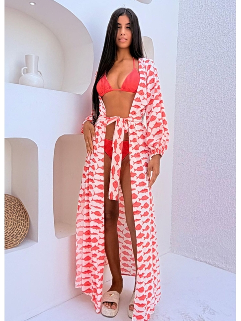 SAÍDA DE PRAIA LONGA ESTAMPA MARÉ DE PEIXES CORAL COLEÇÃO SARDENHA