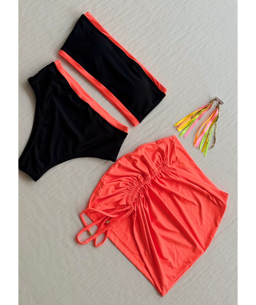 COMBO DE CARNAVAL BIQUÍNI TOP PRETO E MINI SAIA LARANJA NEON COLEÇÃO ESQUENTA FOLIA