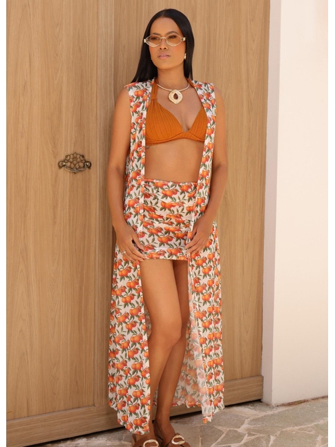 SAÍDA DE PRAIA CONJUNTO CAPA COM SAIA ESTAMPA TANGERINA COLEÇÃO FRUIT
