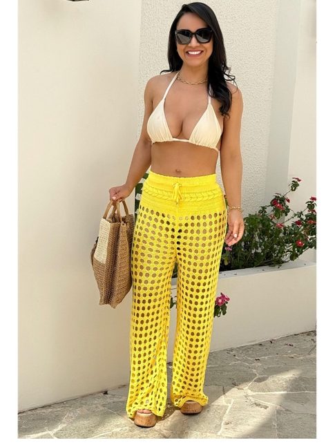 SAÍDA DE PRAIA CALÇA NO TRICÔ AMARELA LOOK1256