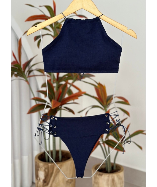 BIQUÍNI TOP FRENTE ÚNICA CALCINHA TRANÇADA AZUL MARINHO