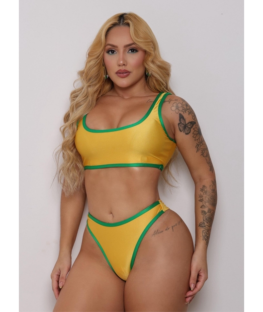 BIQUÍNI TRILOBAL TOP REGATA CALCINHA ASA DELTA AMARELO COLEÇÃO BRASIL RAIZ