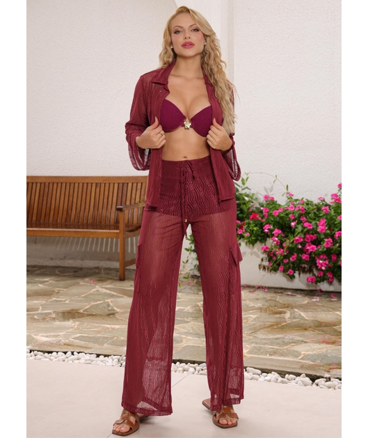 SAÍDA DE PRAIA CONJUNTO CAMISA COM CALÇA CARGO MARSALA  COLEÇÃO MULHER