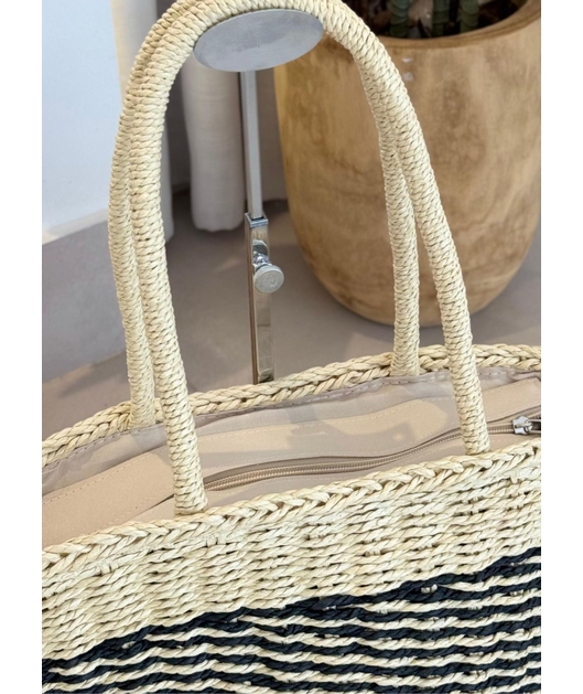BOLSA DE PALHA MEDIA OFF WHITE COM LISTRAS PRETA