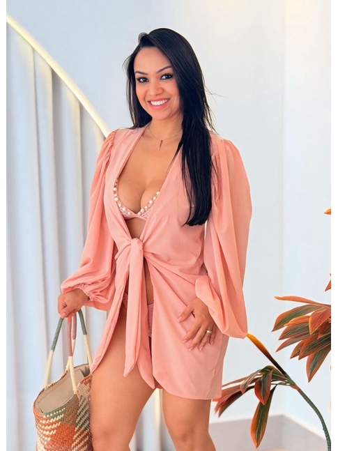 SAÍDA DE PRAIA MANGAS BUFANTES NA SEDINHA ROSA SECO CM02