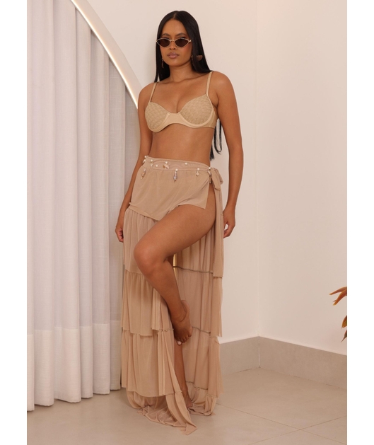 SAÍDA DE PRAIA NO TULE SAIA BABADO CONCHAS NUDE COLEÇÃO FESTEJAR CM01