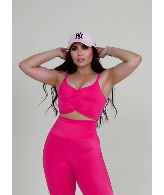 CONJUNTO FIT TRILOBAL TOP PLISSADO CALÇA COS ALTO ROSA