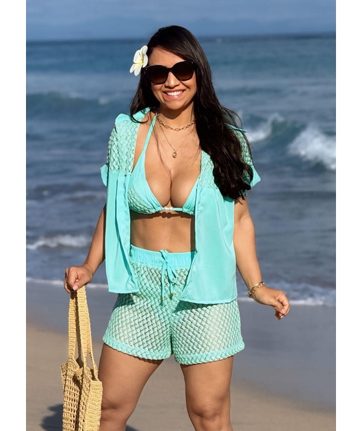 SAÍDA DE PRAIA CONJUNTO CAMISA E SHORT VERDE ÁGUA COLEÇÃO BRISA II
