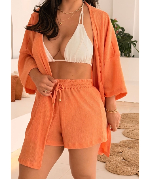 SAÍDA DE PRAIA CONJUNTO KIMONO COM SHORT NO CHIFFON LARANJA TGR5895