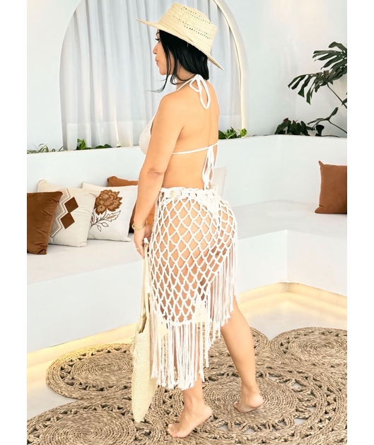 SAÍDA DE PRAIA SAIA NO CROCHÊ DE FRANJAS OFF WHITE COLEÇÃO HANDMADE