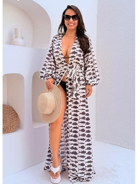 SAÍDA DE PRAIA LONGA ESTAMPA MARÉ DE PEIXES PRETA COLEÇÃO SARDENHA