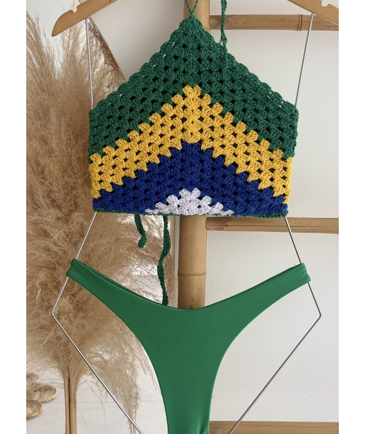 BIQUÍNI CROPPED CROCHÊ CALCINHA ASA DELTA VERDE BANDEIRA COLEÇÃO BRASIL RAIZ