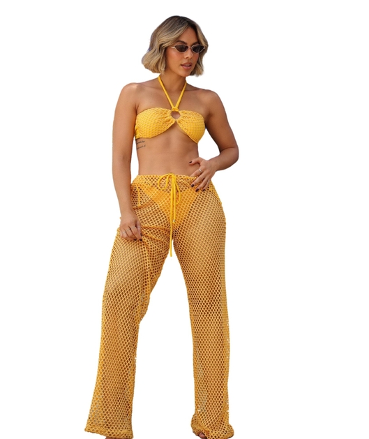 SAÍDA DE PRAIA CALÇA NO ARRASTÃO AMARELA COLEÇÃO SUBMERSA