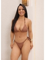 CONJUNTO DE BIQUÍNI CORTININHA CALCINHA DE AMARRAR COM SAIA DE FRANJA MARROM COLEÇÃO BRISA - 4