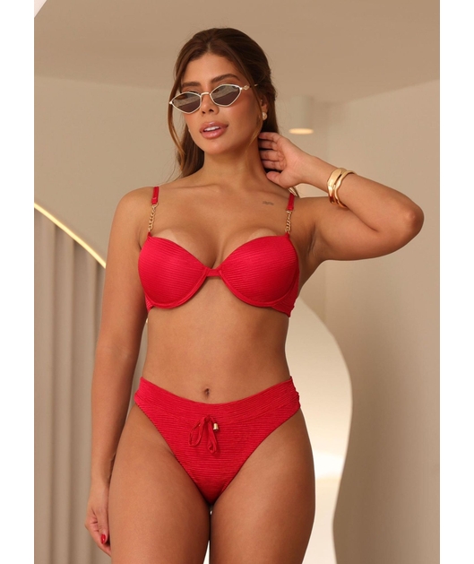 BIQUÍNI MEIA TAÇA CORRENTE CALCINHA ASA DELTA VERMELHO COLEÇÃO SOLARE