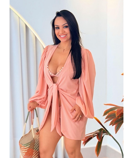 SAÍDA DE PRAIA MANGAS BUFANTES NA SEDINHA ROSA SECO CM02