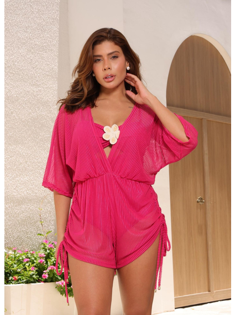 SAÍDA DE PRAIA MACAQUINHO TULE EM LISTRAS ROSA COLEÇÃO BEACH GLAM BRUNA