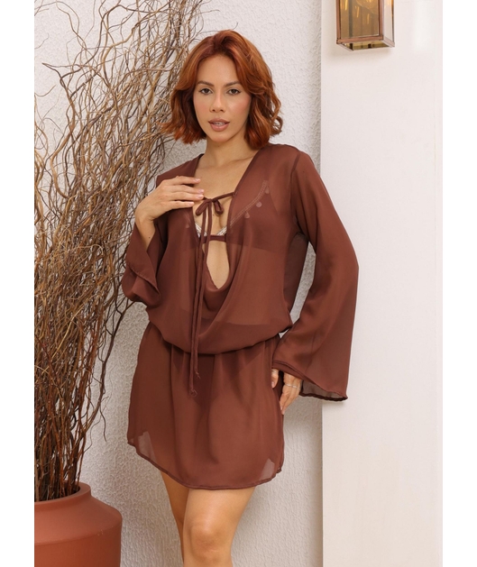 SAÍDA DE PRAIA MUSSELINE DECOTE CAÍDO MARROM COLEÇÃO TERRACOR