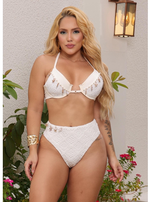 BIQUÍNI MEIA TAÇA CONHA CALCINHA ALTA BRANCO COLEÇÃO ESSÊNCIA BORDADAS