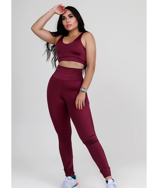 CONJUNTO FIT TRILOBAL TOP BASIC CALÇA COS ALTO FAIXA MALBEC