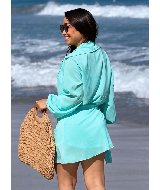 SAÍDA DE PRAIA CAMISA COM PÁREO NO MUSSELINE VERDE ÁGUA COLEÇÃO BRISA II