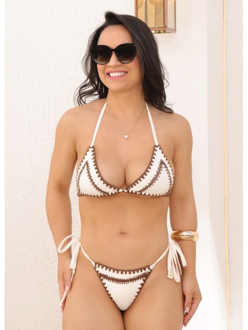 BIQUÍNI CORTININHA ARTESANAL CALCINHA DE AMARRAR OFF WHITE COLEÇÃO PÉ NA AREIA LOOK568